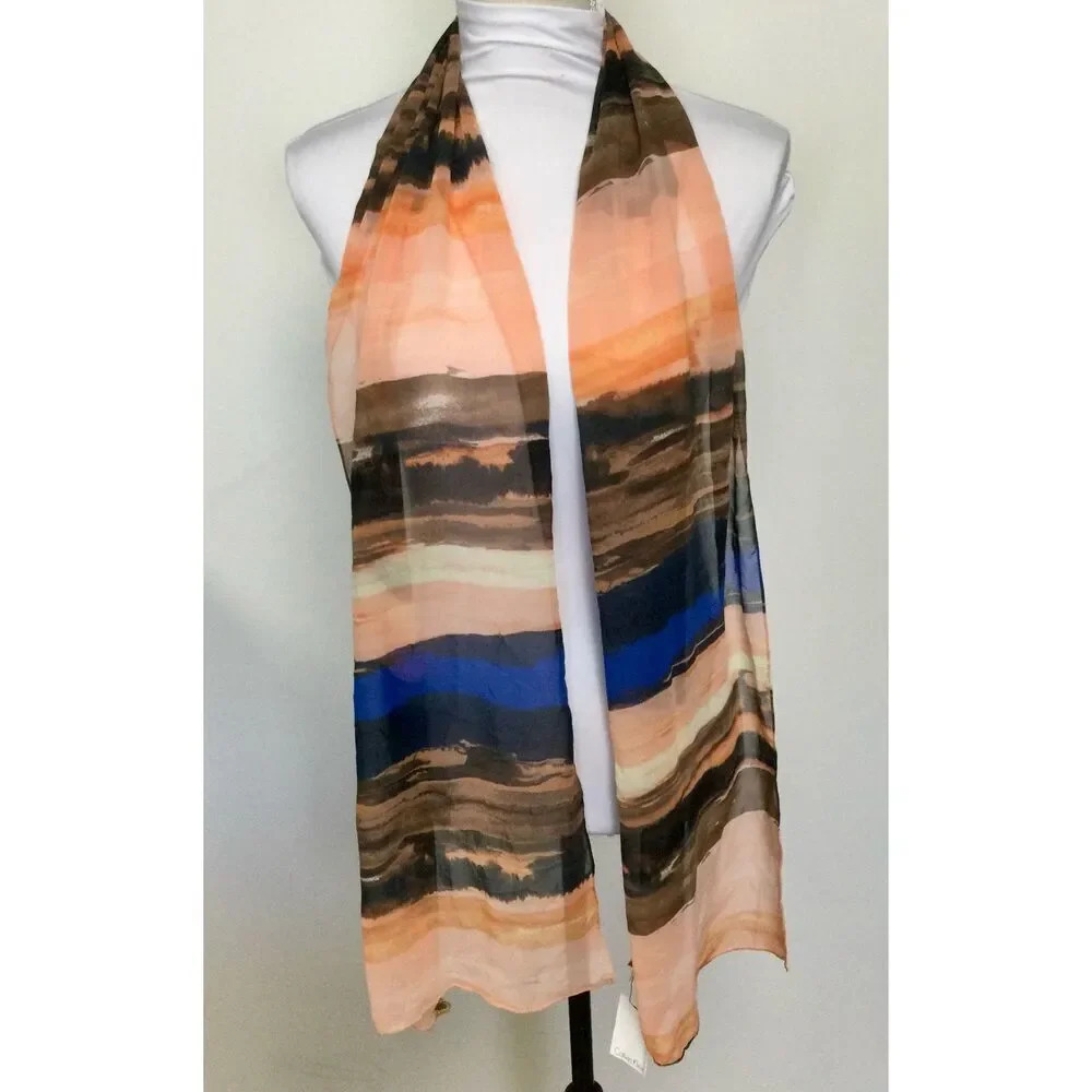 Calvin Klein Womens Blue‎ Orange Blush Multi Travel Scarf NWT